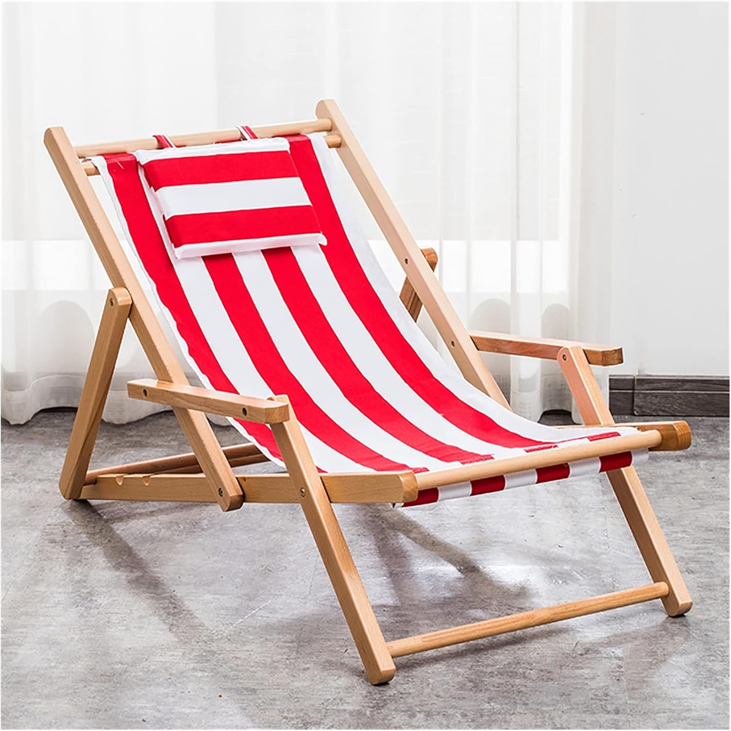 Wooden Beach Chair Recliner Chair Deck Chair Garden Lounger with Armrests,Outdoor Folding Adjustable Patio Chair with Canvas,Ergonomic Sling Chair for Living Room Balcony (Color : Red)
