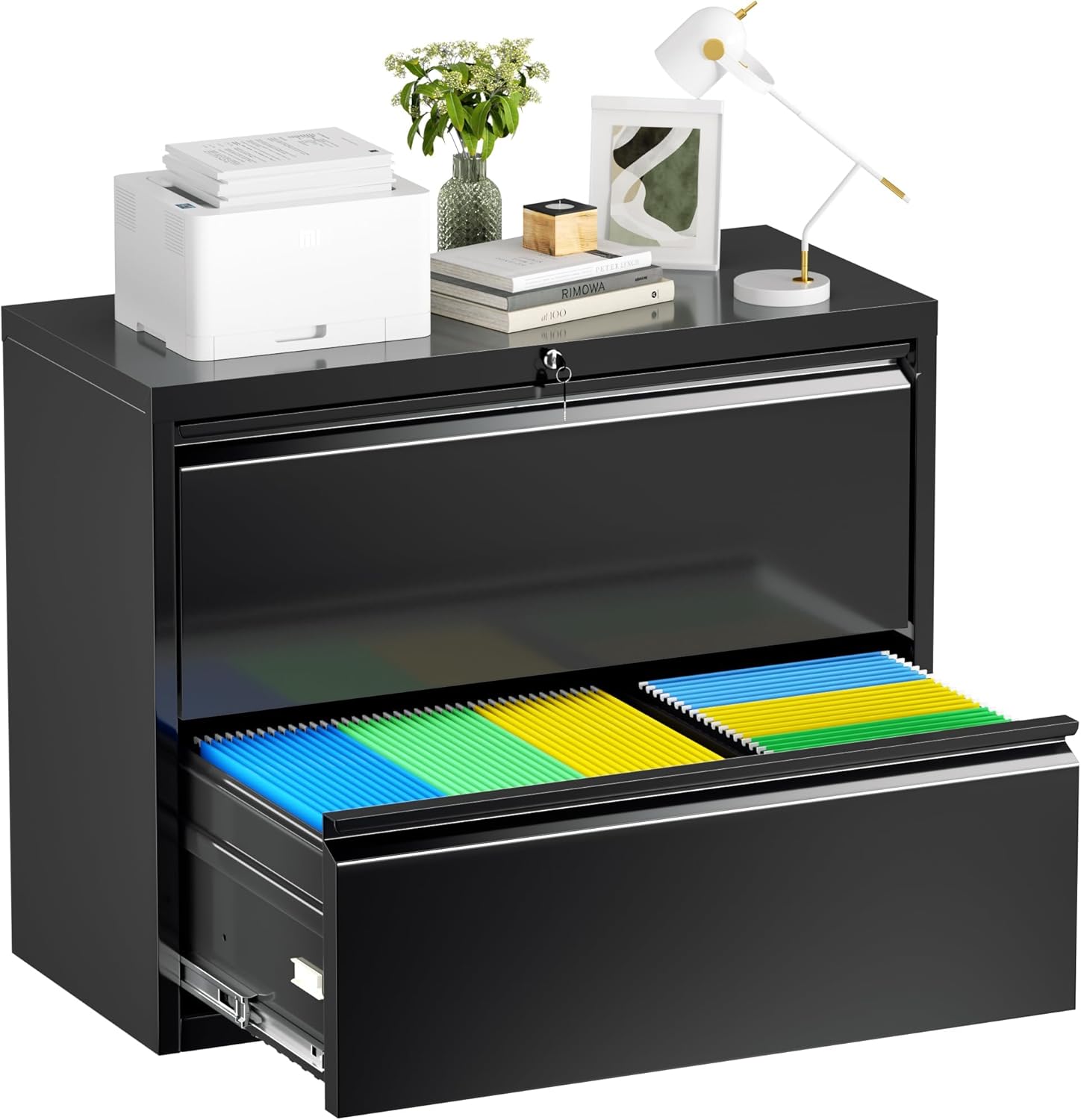 Bonusall Lateral File Cabinet 2 Drawer, Metal Lateral Filing Cabinet with Lock, Locking Horizontal Drawers File Cabinets for Legal/Letter / A4 / F4 Size for Home Office, Steel, Heavy Duty, Black