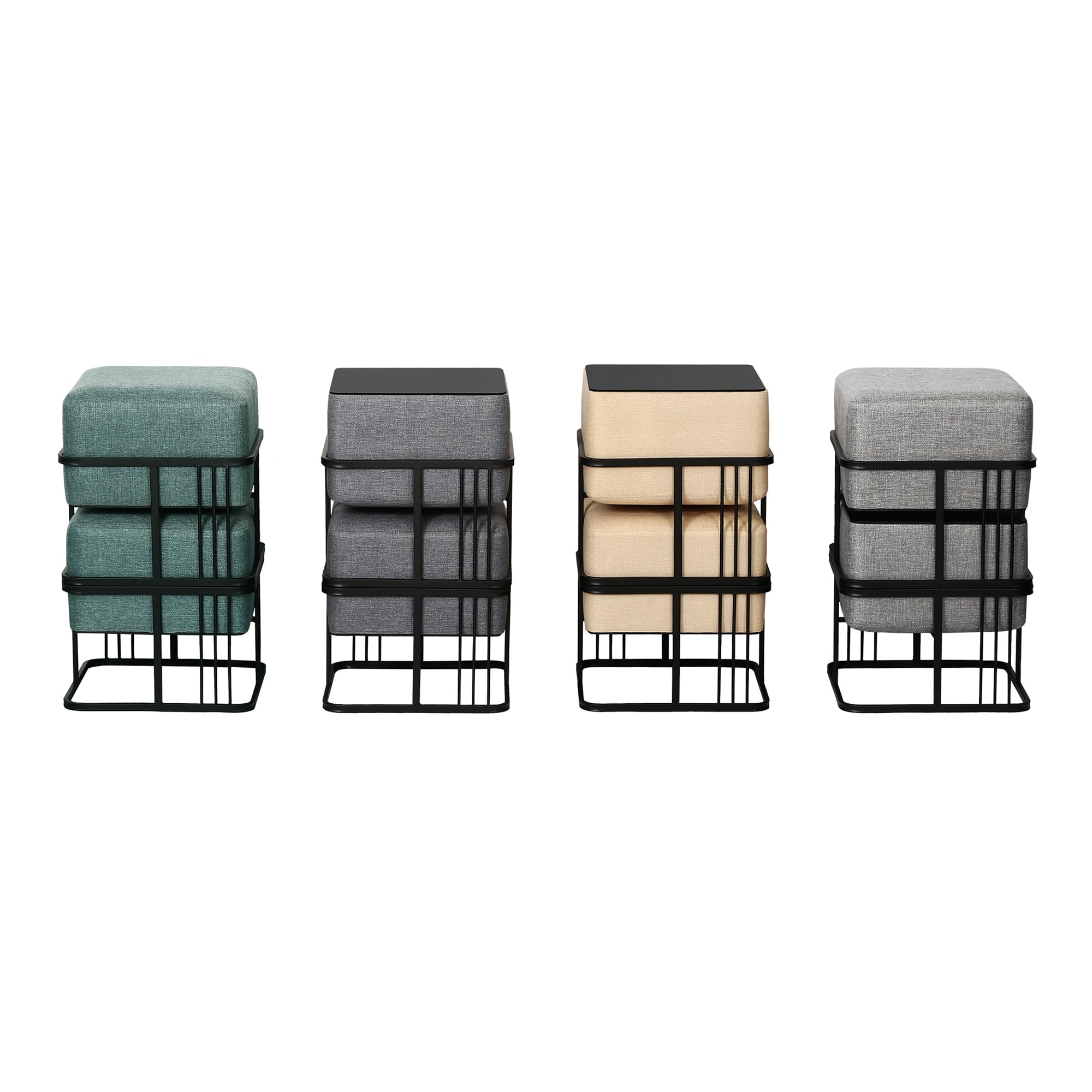 [en.casa] Puff Tas Juego de 2 Taburetes Apilables Reversibles Reposapiés Silla Tocador Diseño 2 en 1 Asiento Acolchado Tablero de Mesa Cuadrado MDF Metal 38x38x38 cm Beige