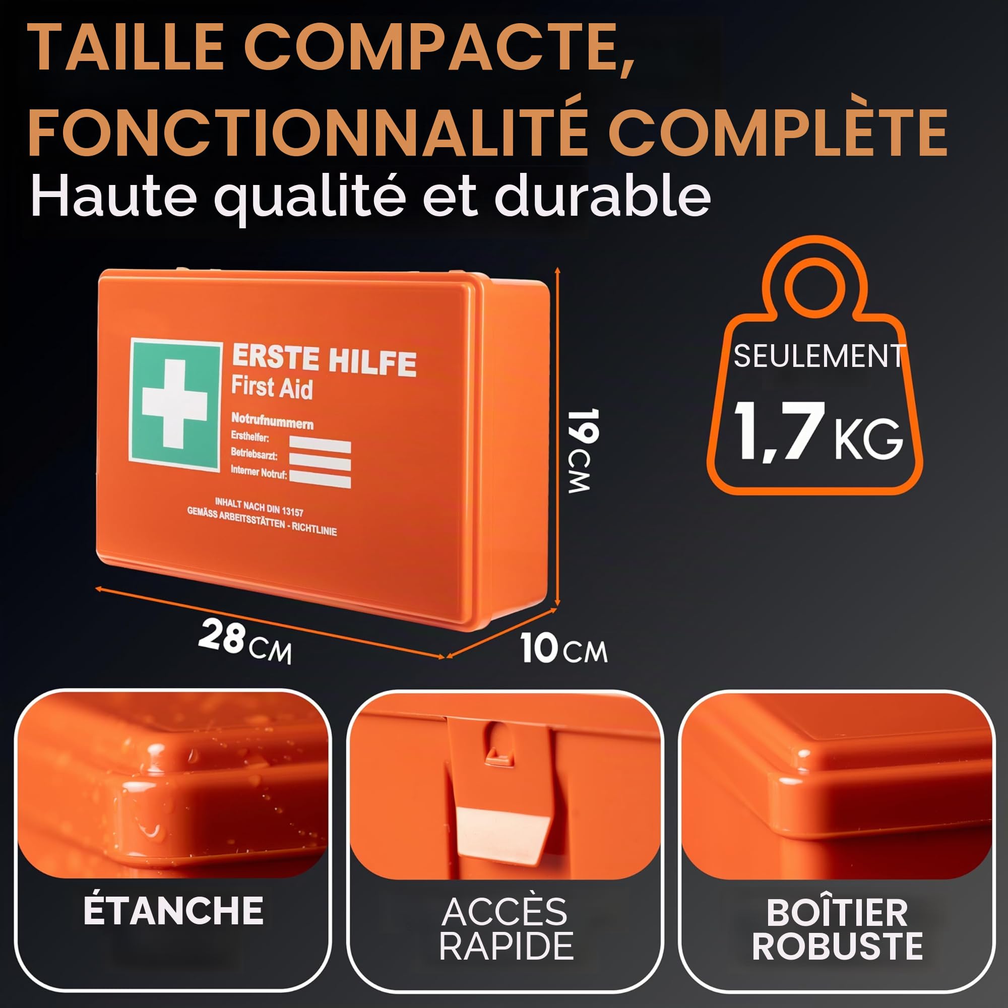 Trousse de premiers secours DIN 13157:2021 avec support mural et autocollants – Mallette universelle pour entreprise