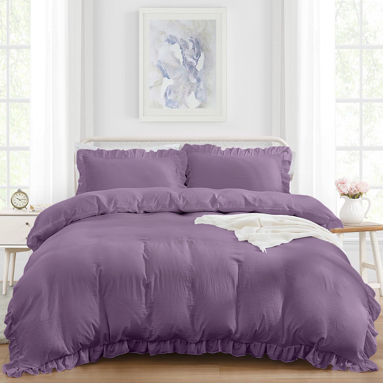 Double Size Duvet Cover Set Grayish Purple Ruffle Duvet Cover 3PCS Soft Frills Bedding Set with 2 Pillowcases for All Season 200x200 cm — image 1