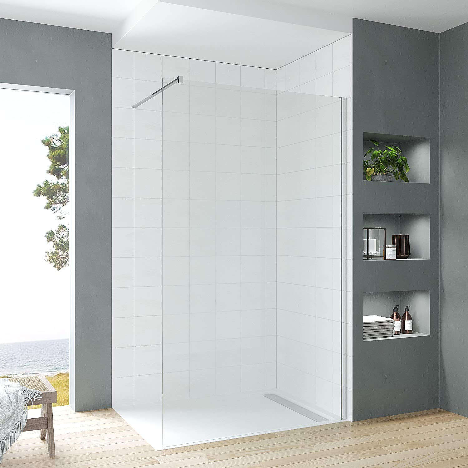 AQUABATOS® Walk-in Dusche 100 x 200 cm Duschabtrennung Klarglas 8mm Glaswand Nano Beschichtung Easy Clean Duschtrennwand Seitenwand mit Stabilisierungsstange Silber