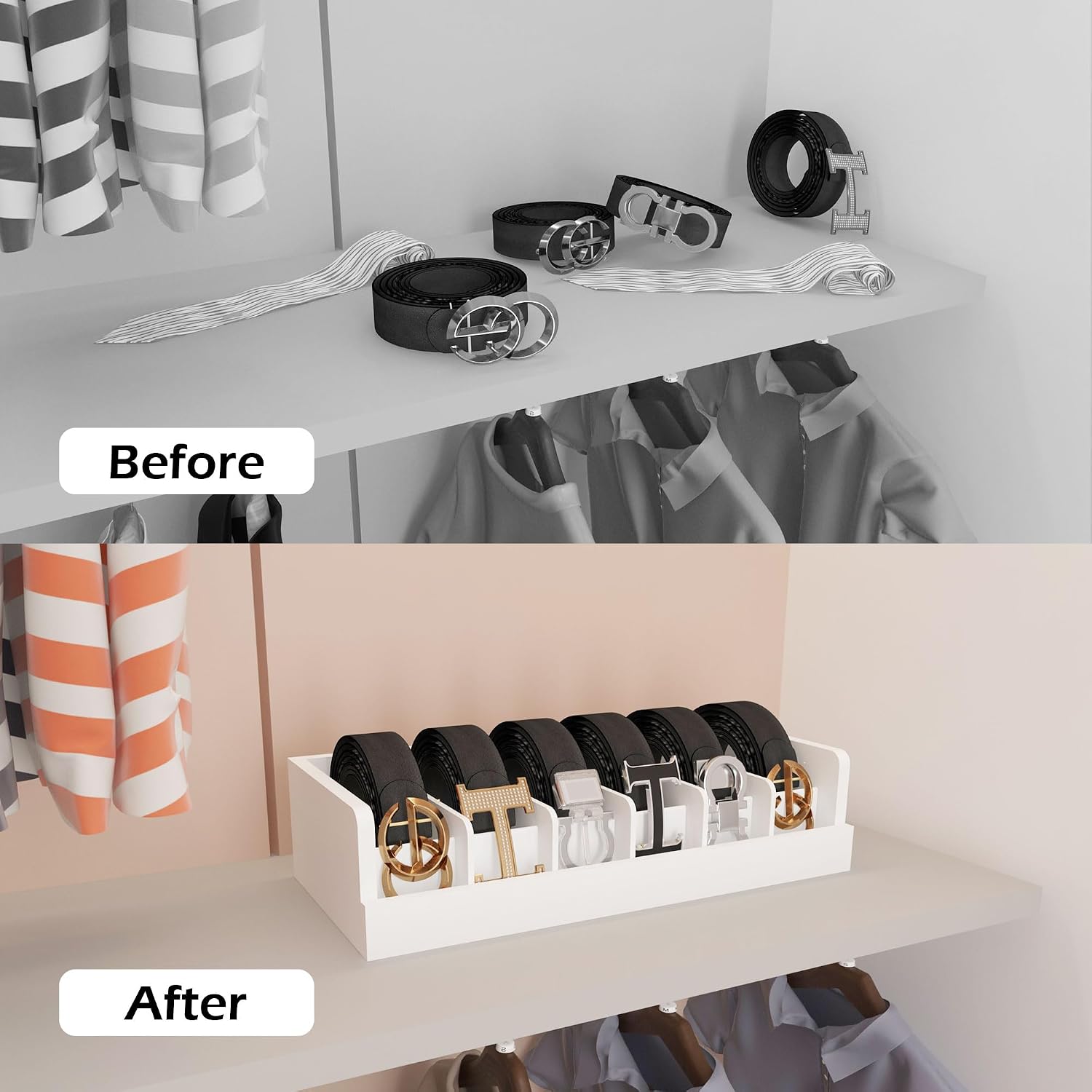 Belt Organizer for Closet - 6 Grids White Bamboo Belt Storage Organizer Racks for Men Women's Drawer, Belt Display Holder Wall Mount with 2 Pcs Tie Clip