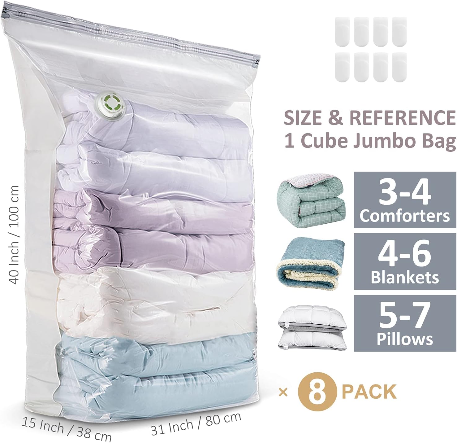 TAILI 8 Pack Vacuum Storage Bags Space Saver Jumbo Cube 31x40x15 Inch Extra Large Closet Organizers Free Up 80% Space Vacuum Sealer Bags for Comforters Blankets Bedding's Clothes Quilts Duvets Space Saver Vacuum Storage Bags