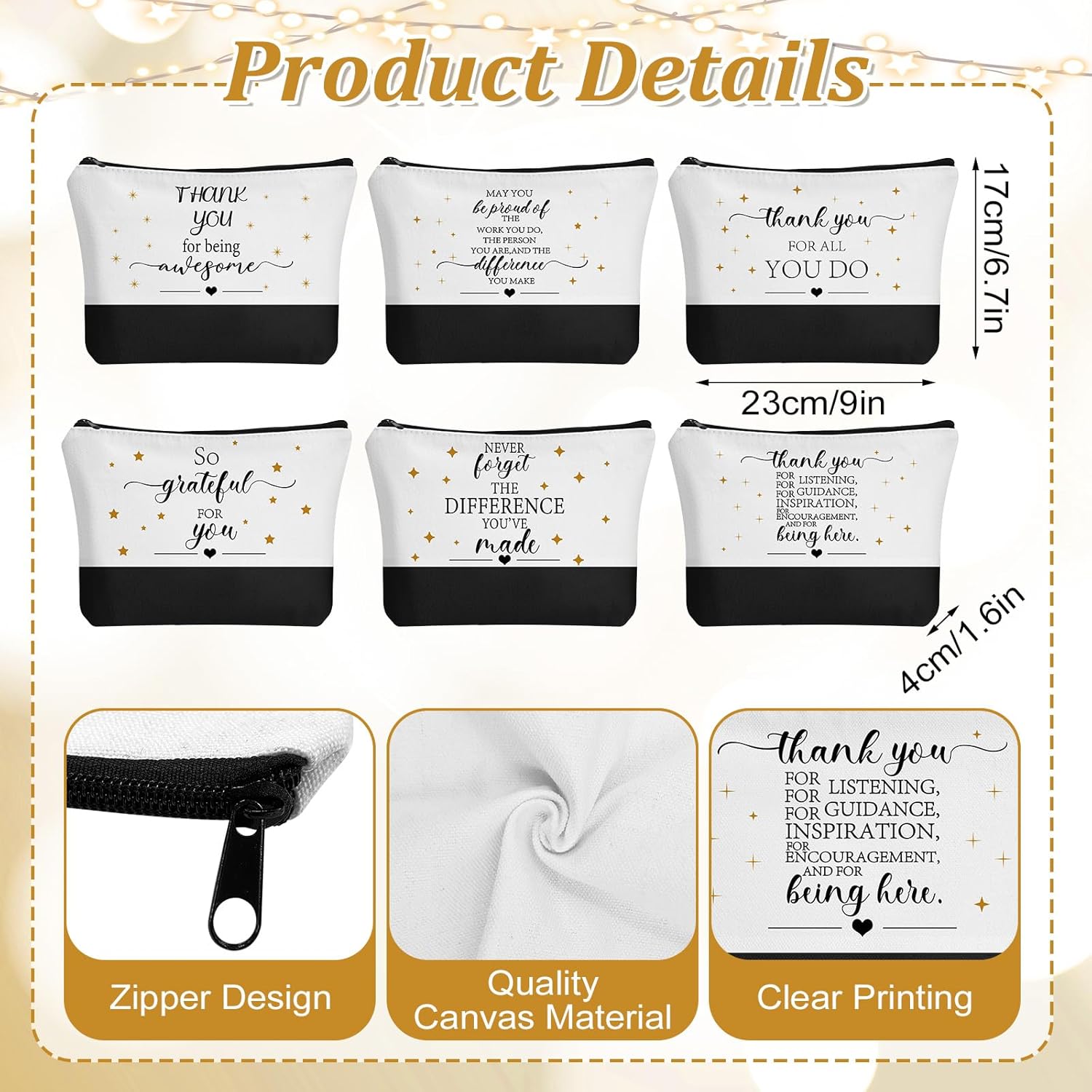 12 Pcs Thank You Canvas Tote Bag for Women Inspirational Makeup Bag Canvas Bag Valentines Gifts Bags with Zipper Employee Appreciation Tote Bags for Nurse Teacher Lady Team Coworker - Image 5