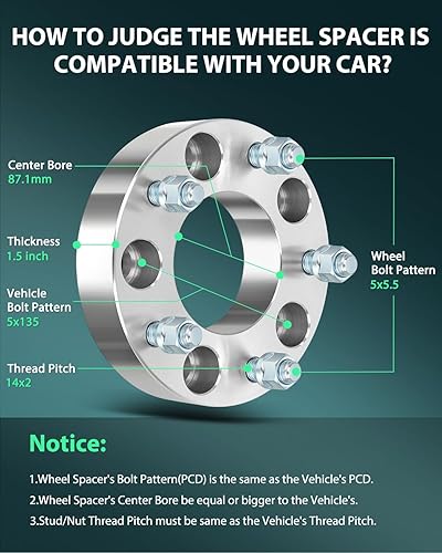 Miniatura 2 de SCITOO 4 adaptadores de rueda de 5 x 135 a 5 x 5.5 pulgadas, orificio de 1.5 pulgadas, pernos de 3.429 in, 14 x 2 5 lengüetas, espaciadores de rueda