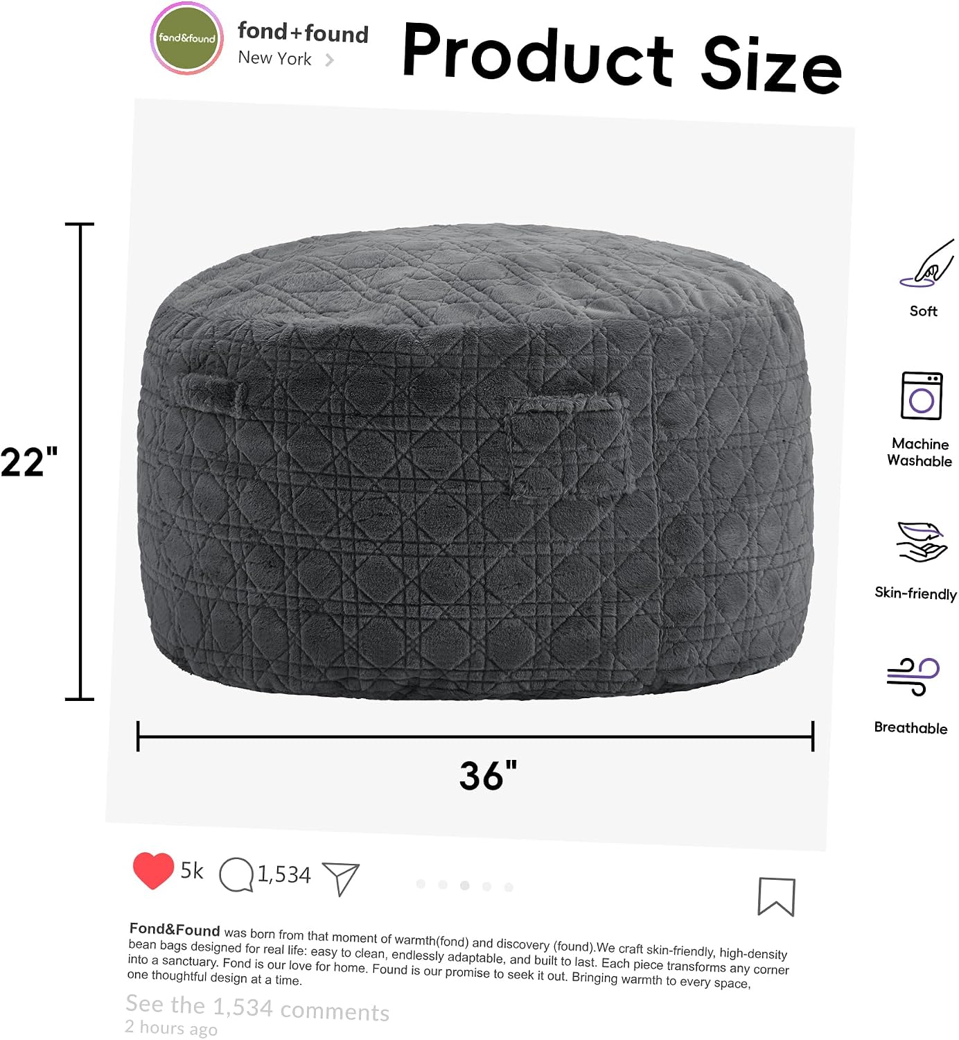 Adult Bean Bag Chair 3FT Big BeanBag with Plush Quilted Cover, Darkgrey