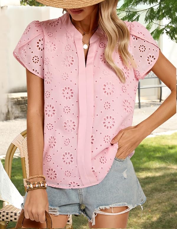 Women Eyelet Spring Summer Tops, Dressy Casual Petal Short Sleeves Shirts, V Neck Lace Embroidered Blouses(Pink, XL) by Kate Kasin - Used condition - Image 3