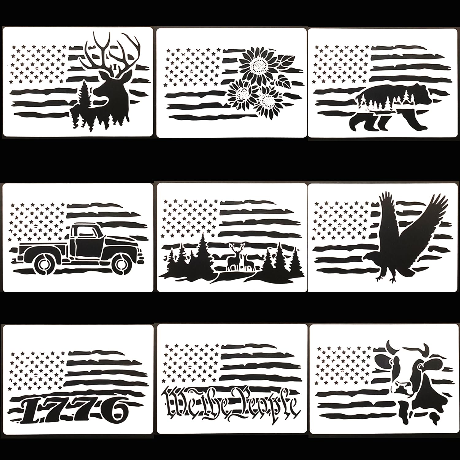9 Pcs American Flag Stencils, We The People Deer 1776 Cow Bear Sunflower for Painting on Wood Canvas Walls Fabric Wood Burning Patriotic (8.3"x11.7")