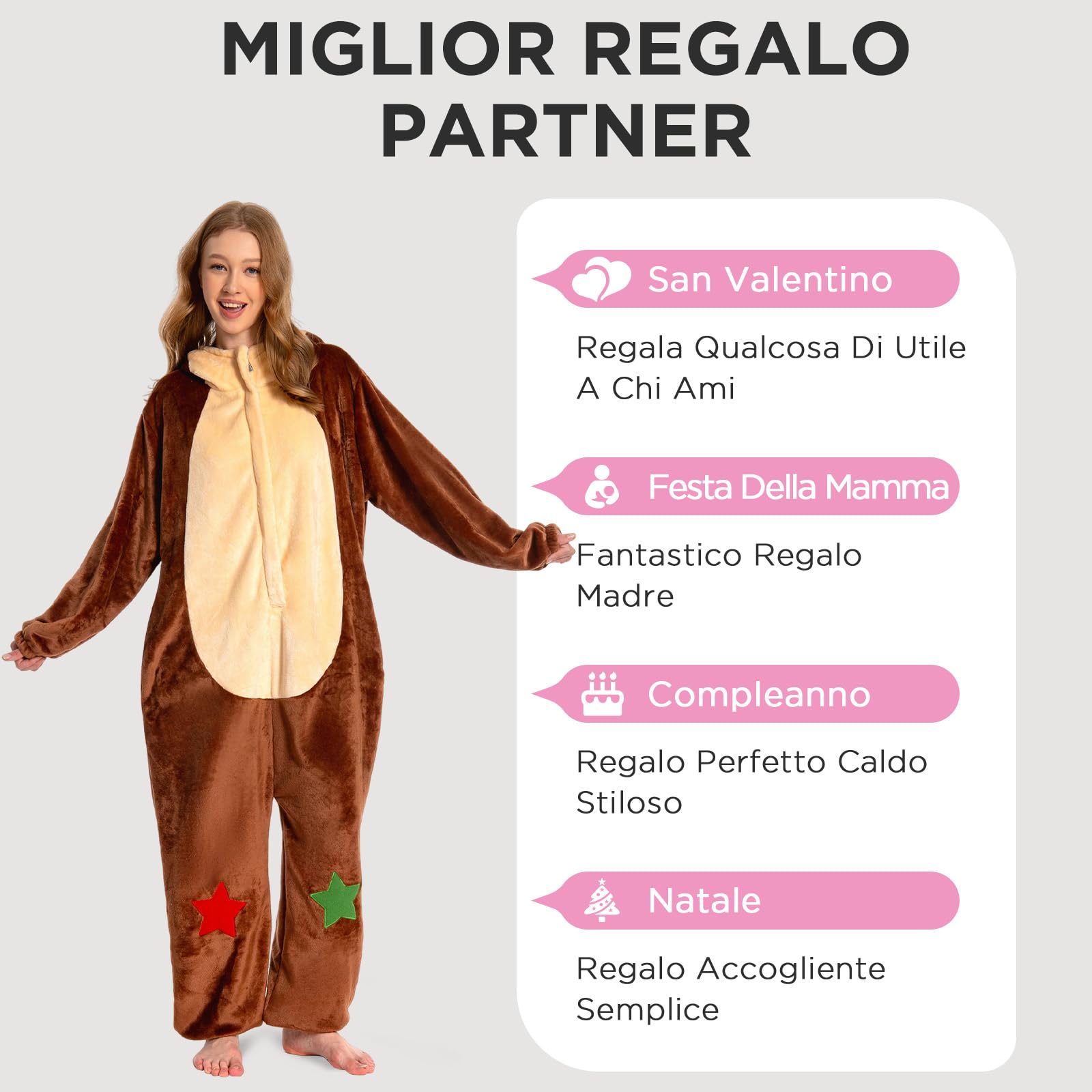 OLAOLA Tuta Intera Adulti Renna Pan di Zenzero Natalizia, Peluche Unisex Morbido per Carnevale, Natale, Halloween