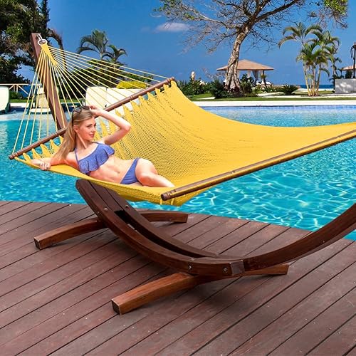 Miniatura 9 de Lazy Daze Hammocks Hamaca doble de cuerda caribeña de 10.5 pies para 2 personas, hamaca de poliéster tejida a mano con barras separadoras