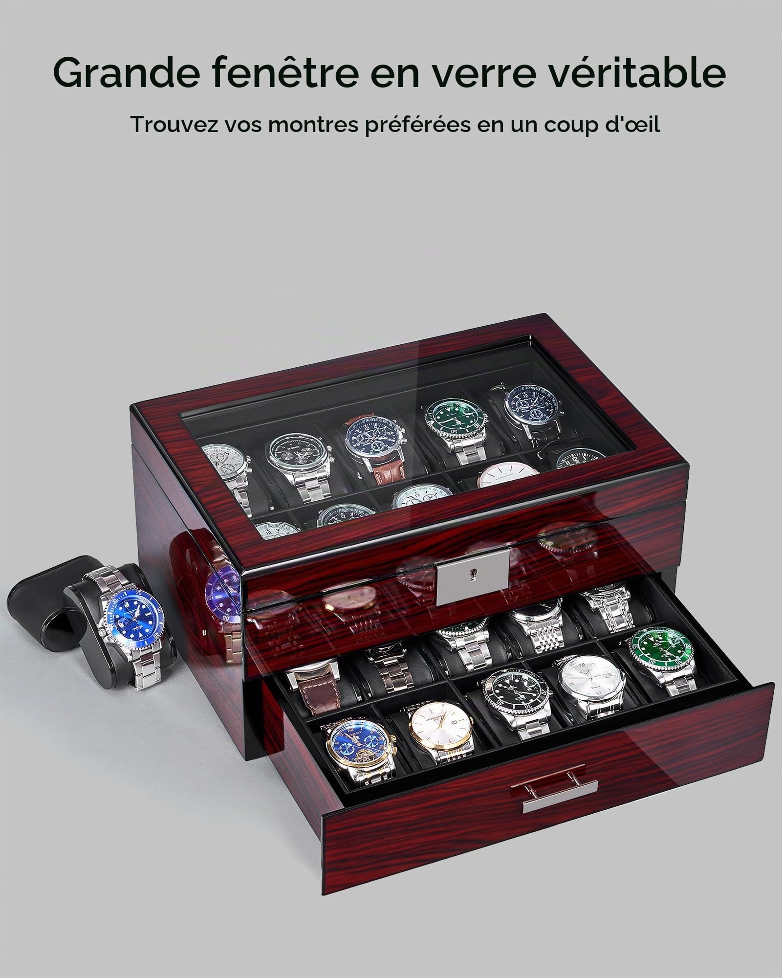 ANWBROAD Boîte à Montre Homme 20 Emplacements | Grand Couvercle Verre Rangement Montre Double Couche Affichage Housse Verrouillable Montres Stand, JWB002Y
