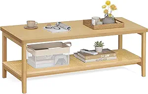VASAGLE 2-Tier Coffee Table for Living Room, Rectangular Living Room Table, with PVC Rattan Storage Shelf, Rounded Corners, Easy Assembly, Boho Style, 21.7 x 47.2 x 17.7 Inches, Oak Beige ULCT255Y01