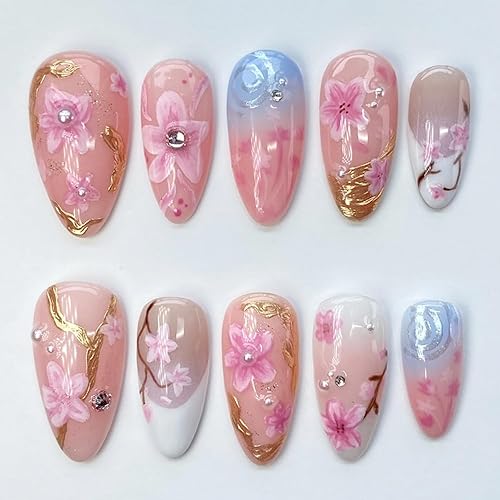 30Pcs Summer Almond Press on Nails with Cherry Blossom Pearl Rhinestones Gold French Tips Reusable Fake Nails for Wedding Party, Flowers Nail Art Set, DIY Long Pink Acrylic False Nails for Daily Wear - French Tips Set