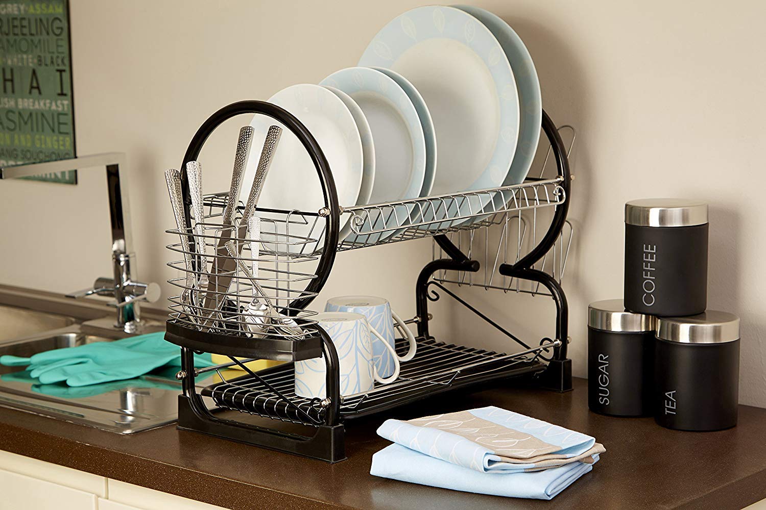 Premier Housewares - Escurridor de Platos de 2 Pisos (con Bandeja extraíble Color Negro), Cromado