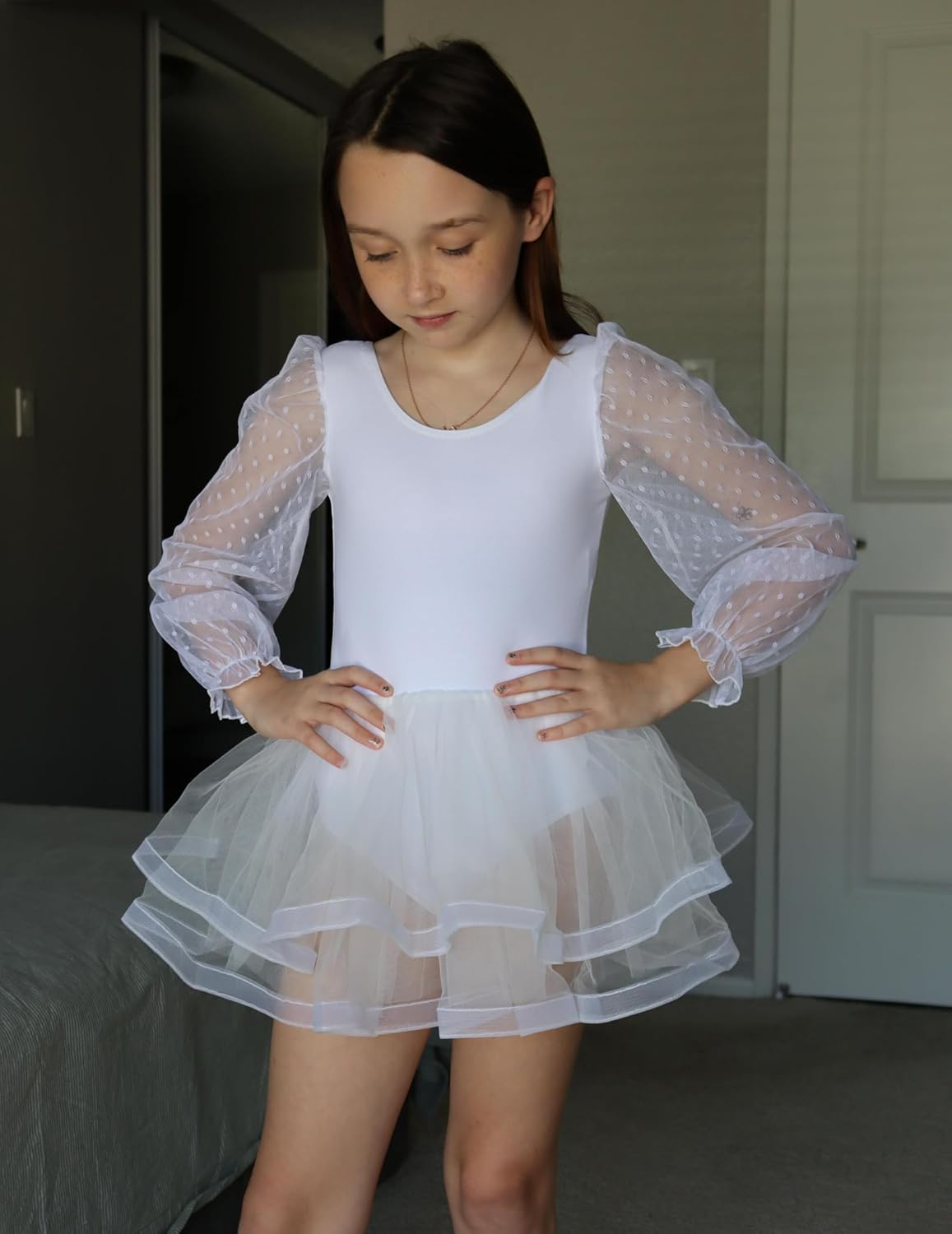 Zaclotre Ballet Leotards for Girls Mesh Long Sleeve Toddler Tutu Dress Dance Outfit Ballerina Costume - Image 6