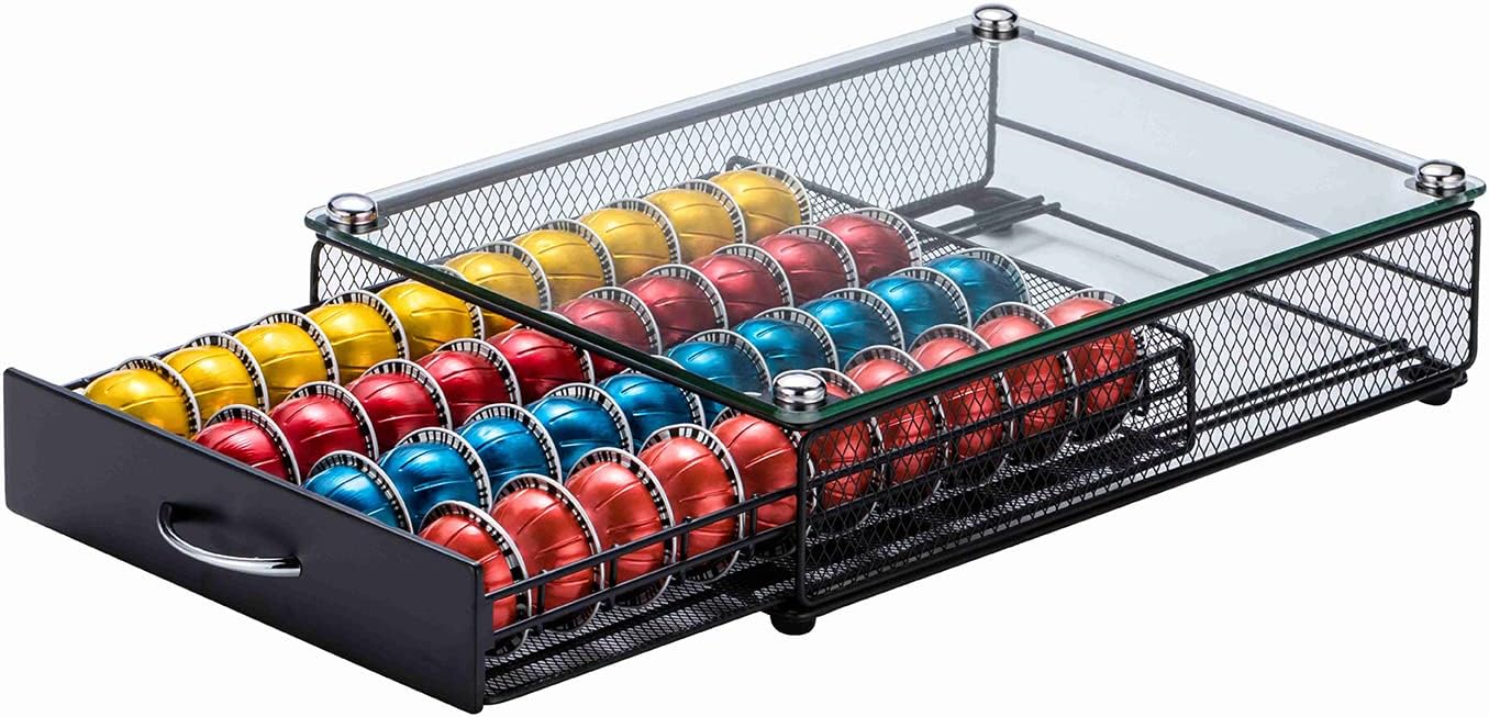 ZCDCP Coffee Pod Holder, Coffee Pod Holder Drawer Glass Top Coffee Pod Organizer Storage with 40 Pods
