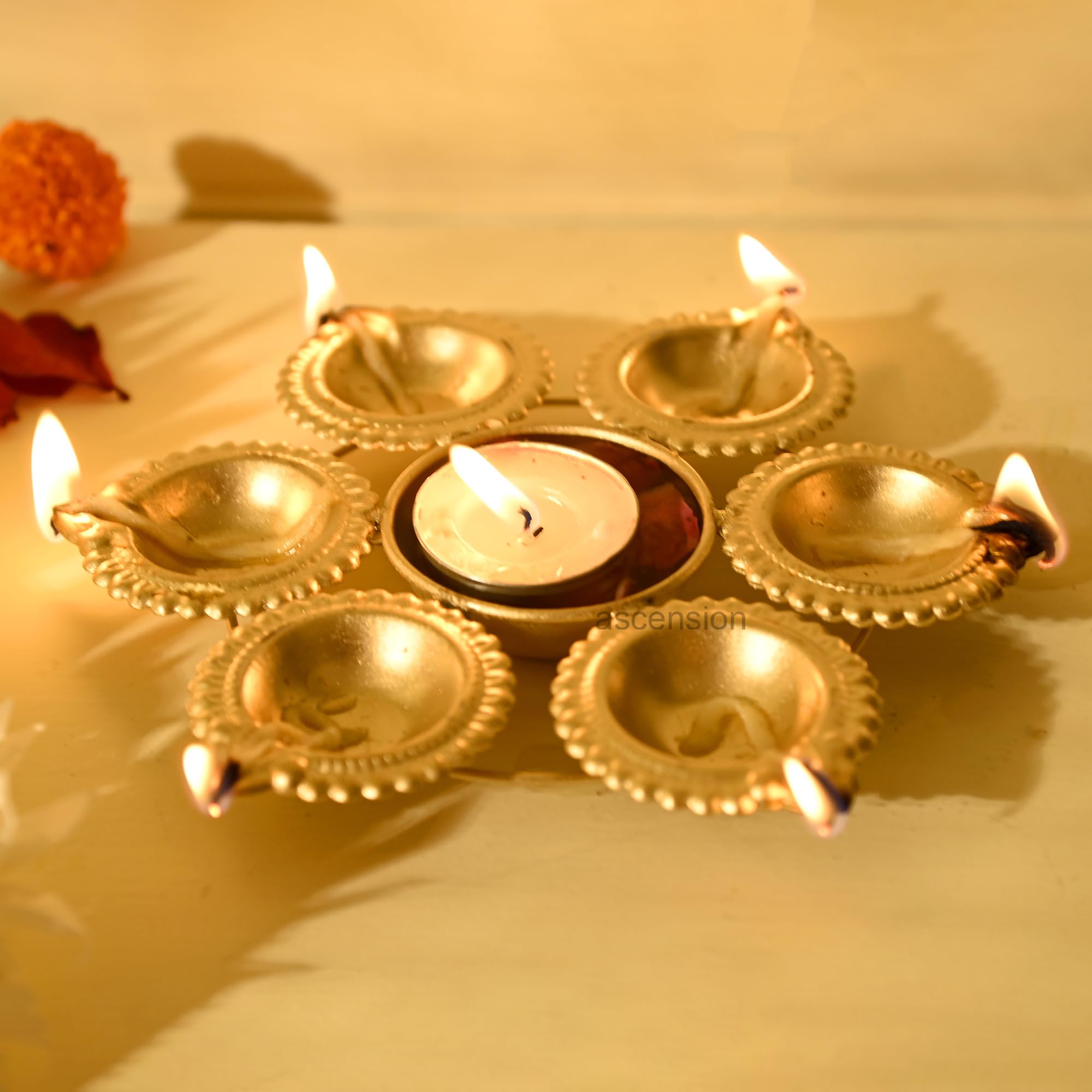 ascension Diya Shape Flower Decorative Urli Bowl for Home Diwali Decor with 6 Attached Oil Diyas for Floating Flowers and Tealight Candles Home Table Diwali Decoration Items for Pooja Room (7 inch)