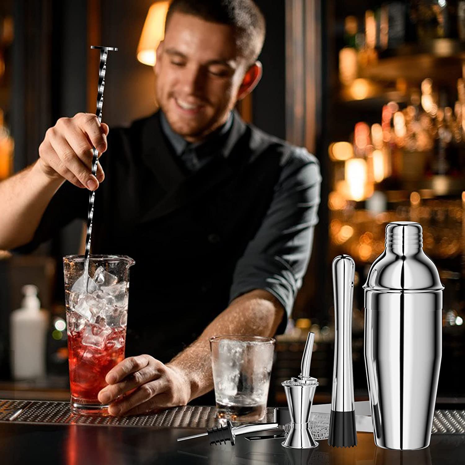 Gvolatee 750ML Coctelera, 8 Piezas Juego de Coctéles de Acero Inoxidable, Profesional Barman Herramientas con colador, medidor, Cuchara, vertedor, para Mezclar Bebidas, Barra,hogar, Fiestas (Plata)