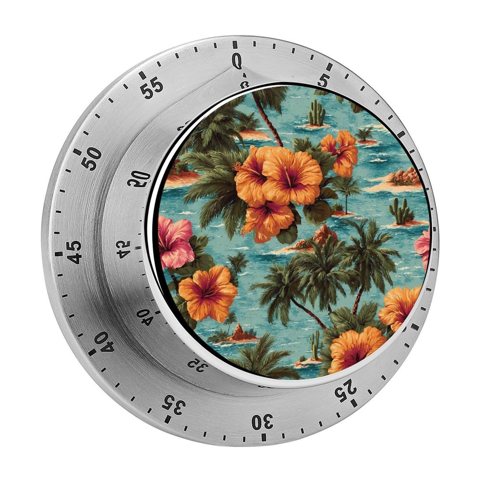 Hawaii Hibiscus Flowers Trees Mechanical Timer with Alarm for Kitchen Cooking Productivity Stainless Steel Timers