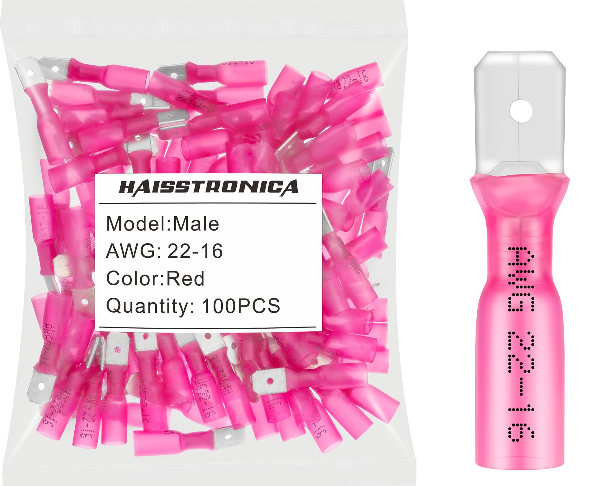 haisstronica 100pcs Red Marine Grade Heat Shrink Male Spade Connectors,22-16 Gauge Insulated Electrical Crimp Wire Terminals