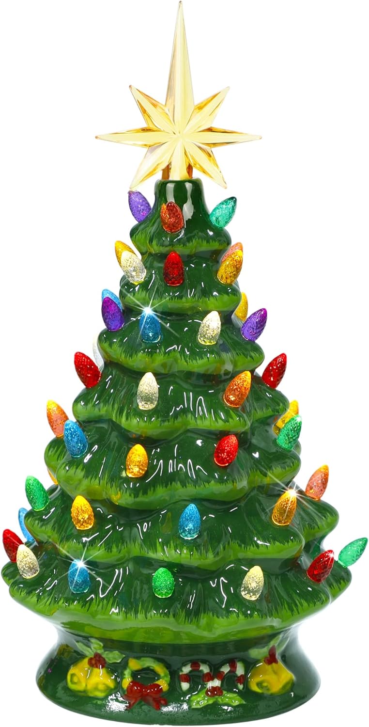 Biswing Lighted Christmas Tabletop Ceramic Tree, 10 Inch