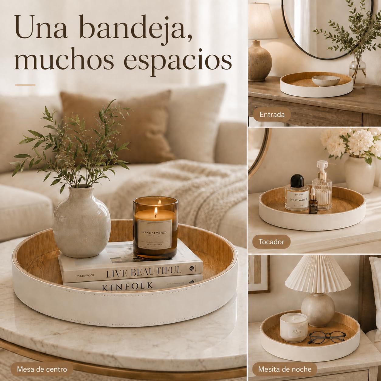 GORESE Bandeja para Portavelas,Placa Redonda Decorativa para Velas de Piel PU,30cm Centro de Mesa Bandejas para Servir Bandejas de Madera rústica Organizador de Velas de Café Decoración del Hogar