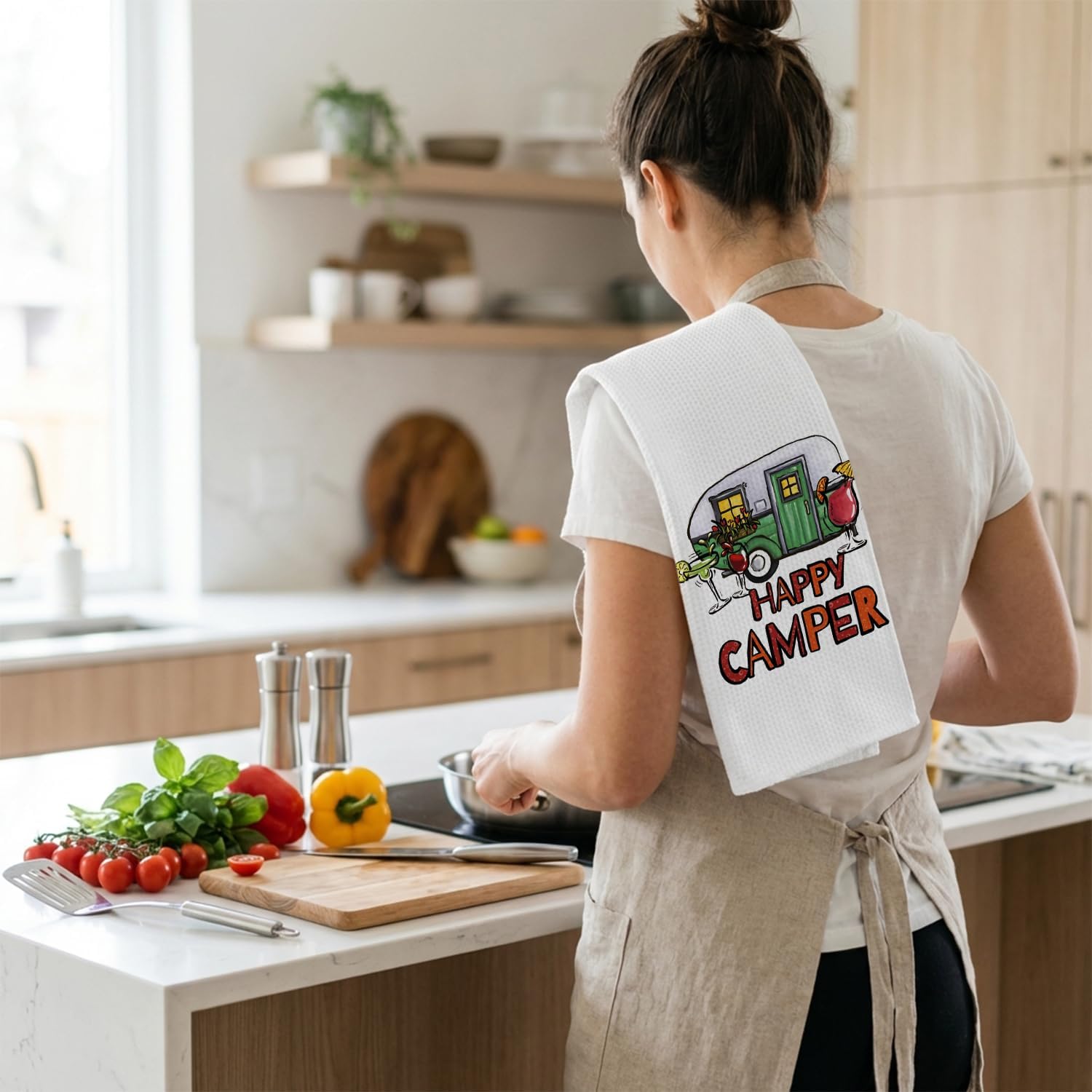 Happy Camper Kitchen Hand Tea Towels Cocktails & Camping Decor, Birthday Housewarming Gifts for RV Enthusiasts Camping Lovers, RV Accessories and Home Decor image 4