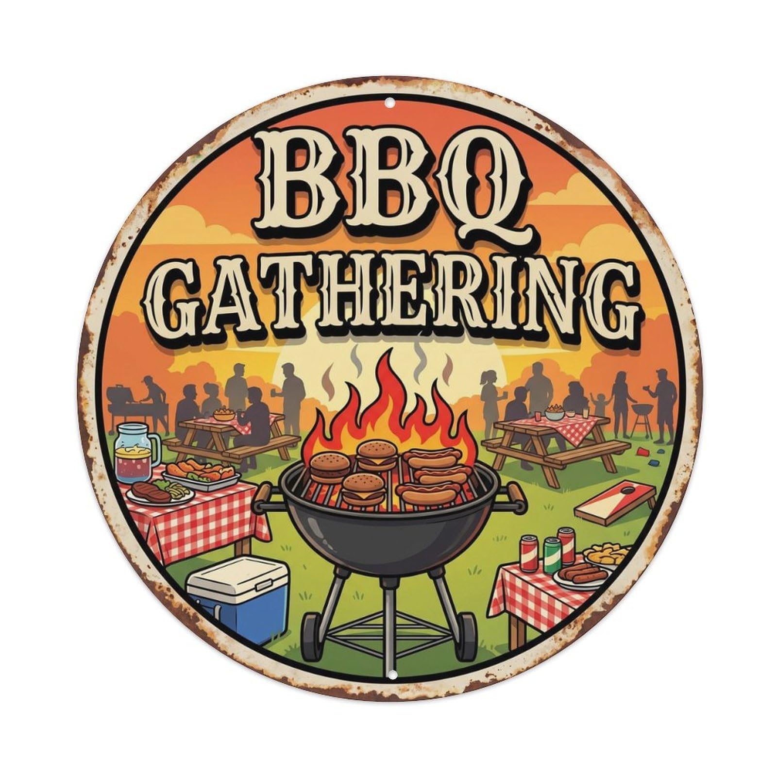 Vintage BBQ Barbecue Gathering Artwork Metal Tin Sign Plaque Wall Decor for Cafe, Club, Garden Round Metal Poster 8x8Inch