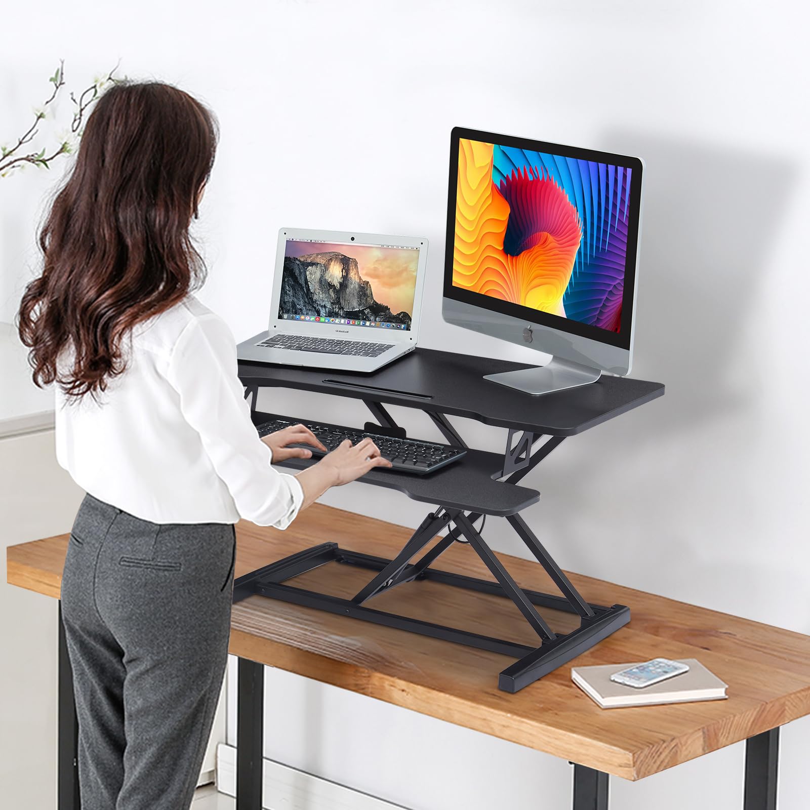 UPdesk Cross - Schreibtischaufsatz höhenverstellbar für Laptop & PC - Schreibtischerhöhung - Stehpultaufsatz für Schreibtisch - Höhe 11-50,4 cm - Breite 40 x 80 cm - Gasfeder - SCHWARZ