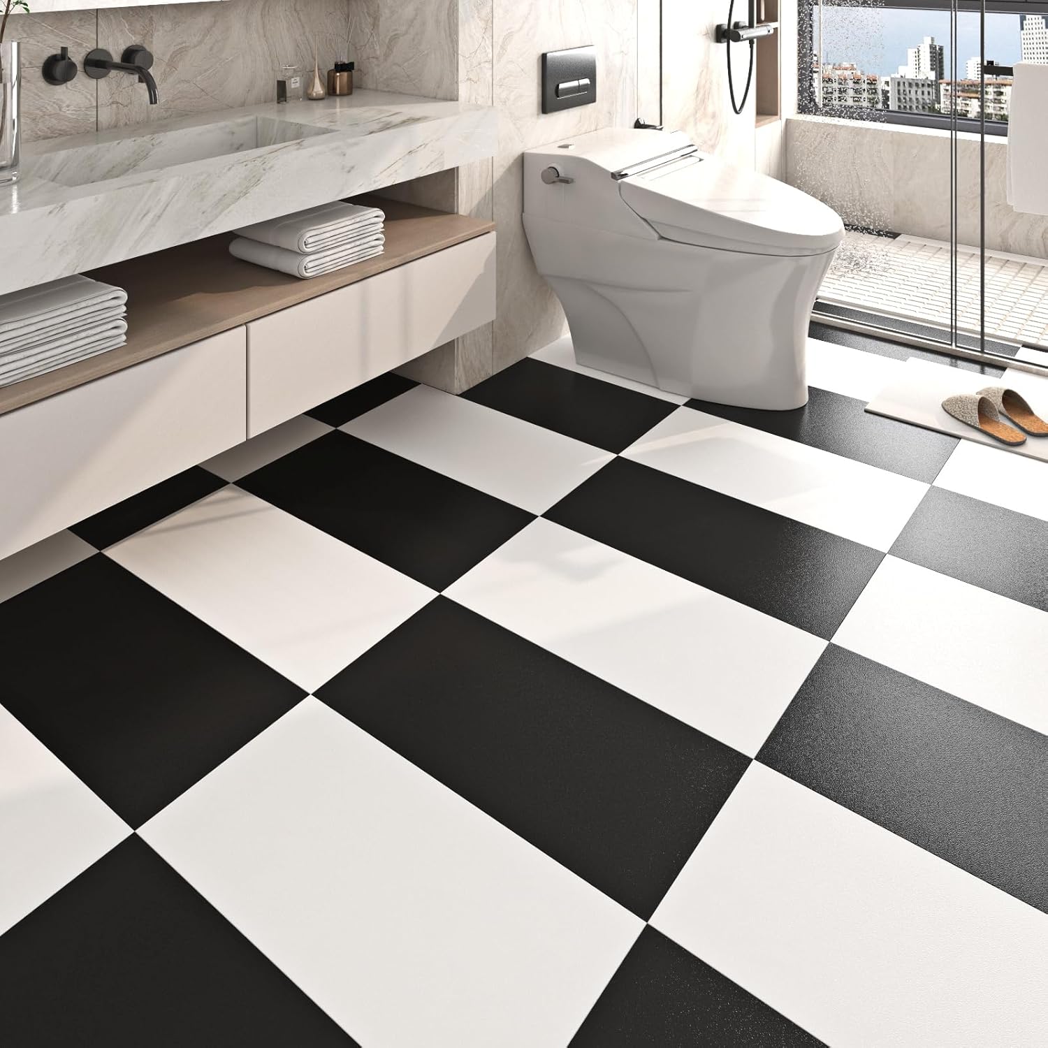 FunStick 12"x24" 15 Pcs Black Vinyl Flooring Peel and Stick Floor Tile Waterproof Bathroom Stick on Vinyl Floor Tiles Peel and Stick Wall Tiles for Kitchen Sticky Laminate Flooring Sheets Removable