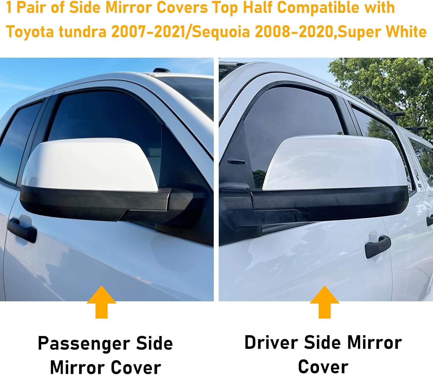 Compatible with Toyota Tundra Sequoia Mirror Cover Replacement 2007-2021,2nd Gen Tundra Side Mirror Caps for Left Driver & Right Passenger Side,Replace 879150C040, 879450C020,Super White,1 Pair