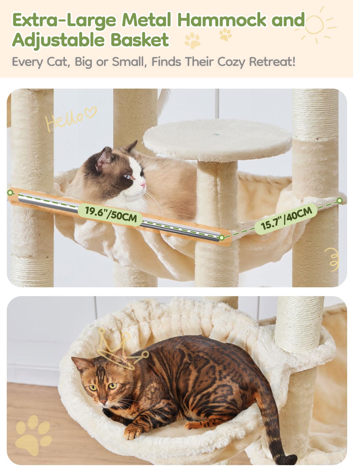 Taoqimiao Árbol Rascador 193 cm para Gatos Grandes, Árbol Rascador con Panel Rascador, Hamaca Metálica Extra Grande, 3 Plataformas, 7 Postes Sisal, 2 Cabañas Grandes y Cesta Colgante, MS047M Beige