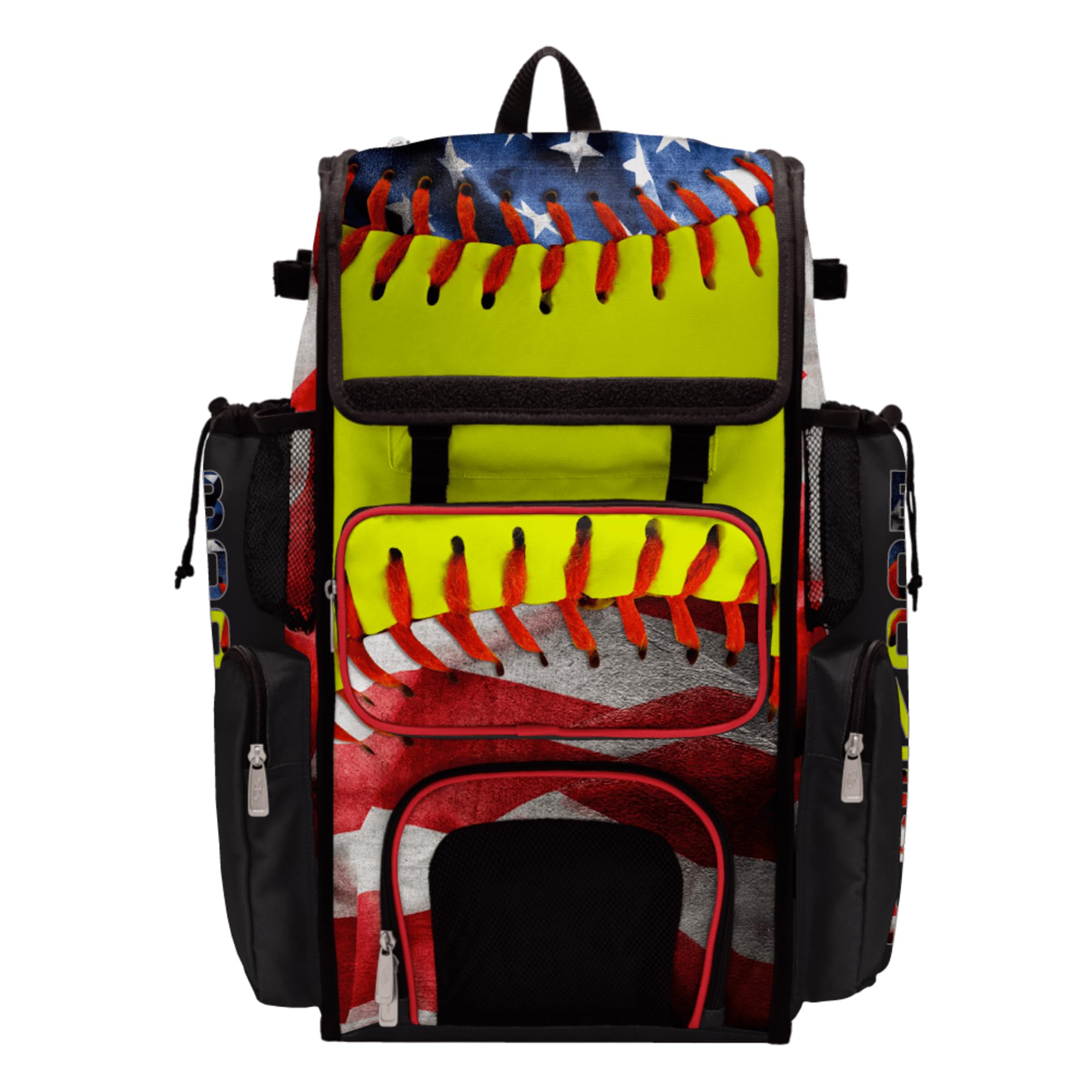 Boombah Superpack Bat Bag - Backpack Version (no wheels) - Holds 4 Bats - USA Softball Represent Red/Royal Blue/Optic Yelllow