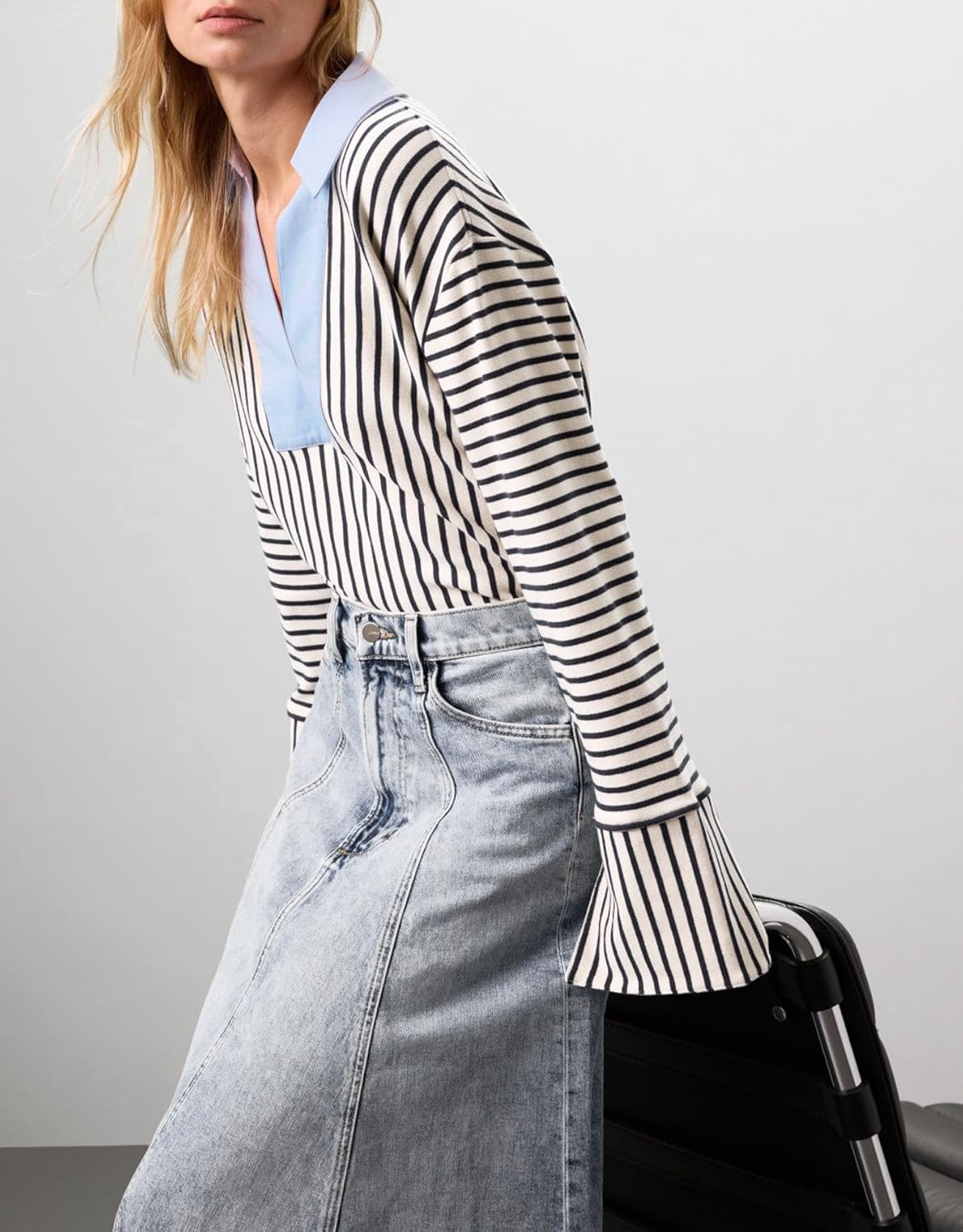 Kedera Womens Striped Business Casual Tops Long Sleeve V-Neck Sweatshirts Collared Oversized Trendy Polo Rugby Shirts - Image 2