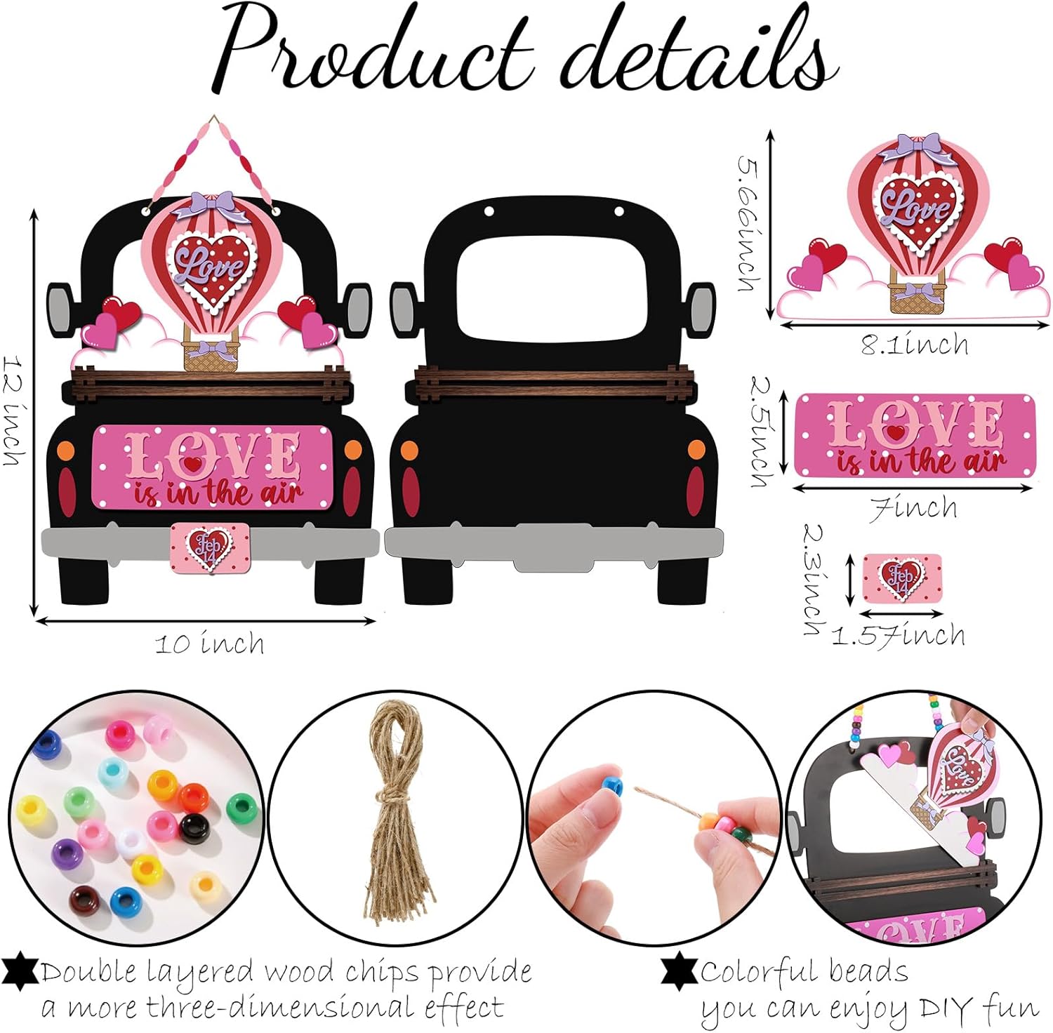Geelin Valentine's Day Love Door Sign Wood Valentines Truck Door Hanger Pink Red Love Is in The Air Wooden Wreath Farmhouse Hearts Decor with Beads for Outdoor Indoor Porch Wall Hanging Decorations