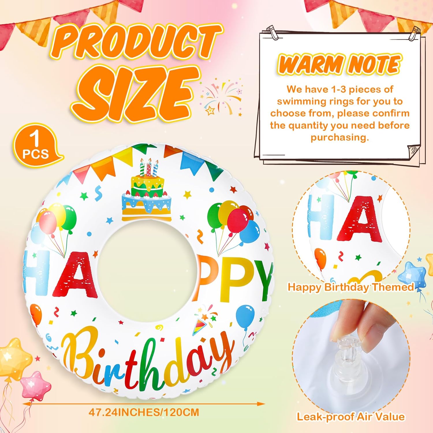 Leyndo 1 Pcs Happy Birthday Inflatable Pool Float Tube 47.24 Inch Jumbo Pool Float Birthday Party Swimming Tube Happy Birthday Swim Rings for Adults Summer Water Birthday Supplies Decor