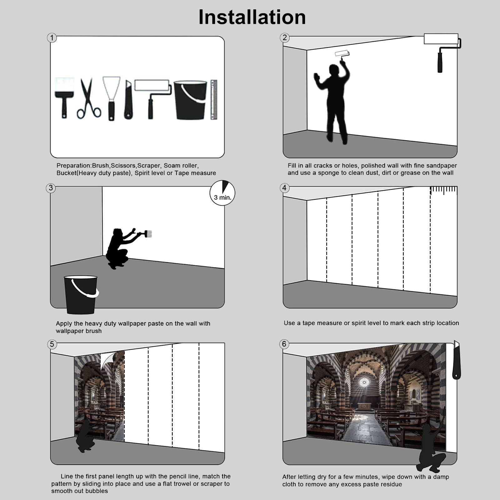 Carta Da Parati Architettura gotica, Moda XXL Design Panca ad arco della chiesa Fotomurali in Seta 400x280cm Moderna Decorazione da Parete per Camera da Letto Soggiorno Nero