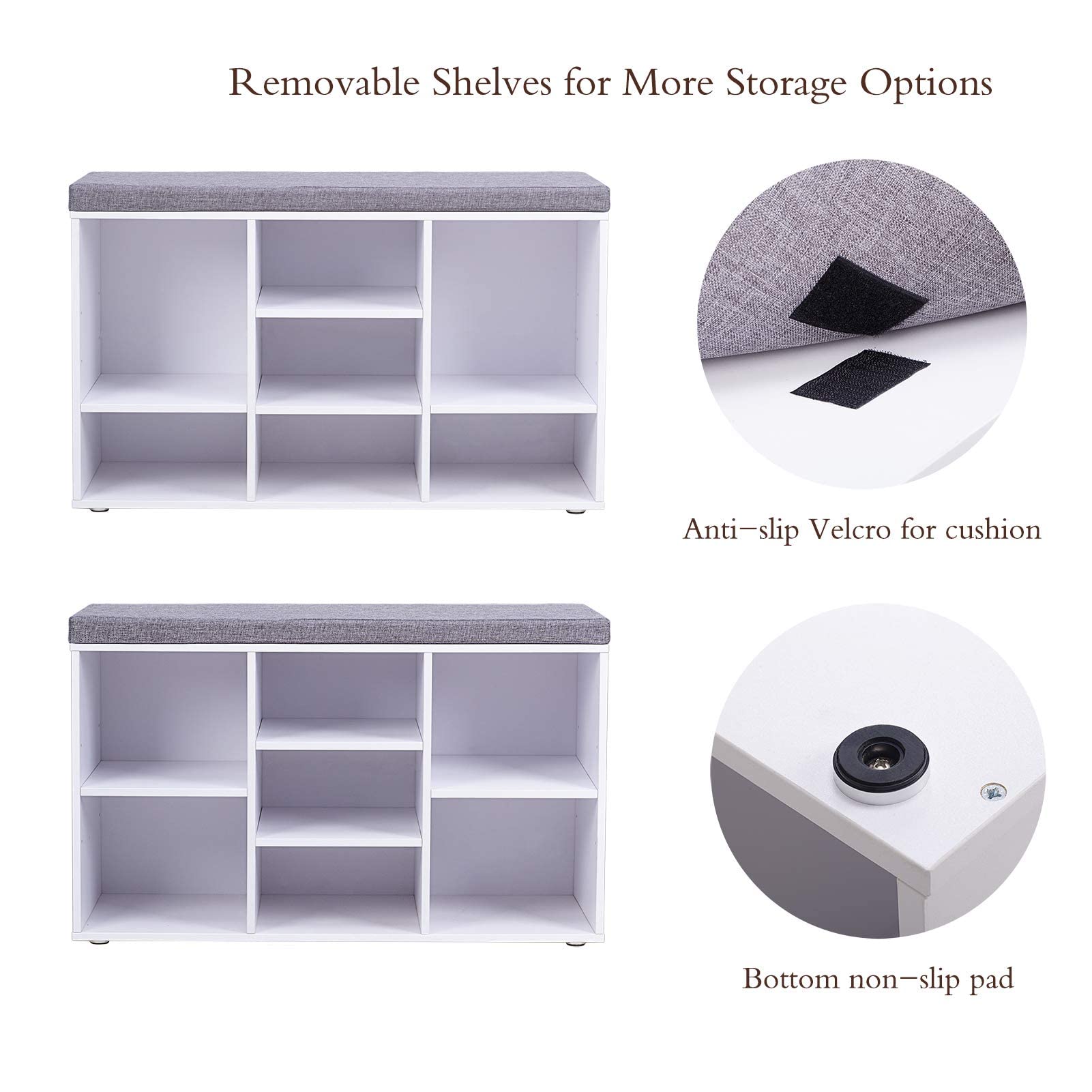 DINZI LVJ Shoe Storage Bench with Cushion, Cubby Shoe Rack with 9