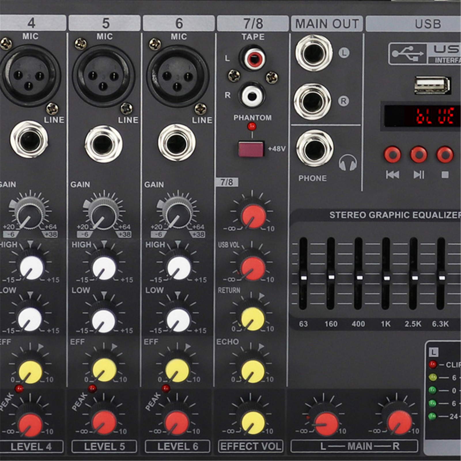 Studio-Mischpulte, Mini-USB-Schnittstellencontroller Familie KTV 4/6/8 Kanäle DJ-Audio-Mixer + 48-V-Stereo-Mixer Professioneller Bluetooth-Effekt-Mixer für kleine Bühnen,6 Way