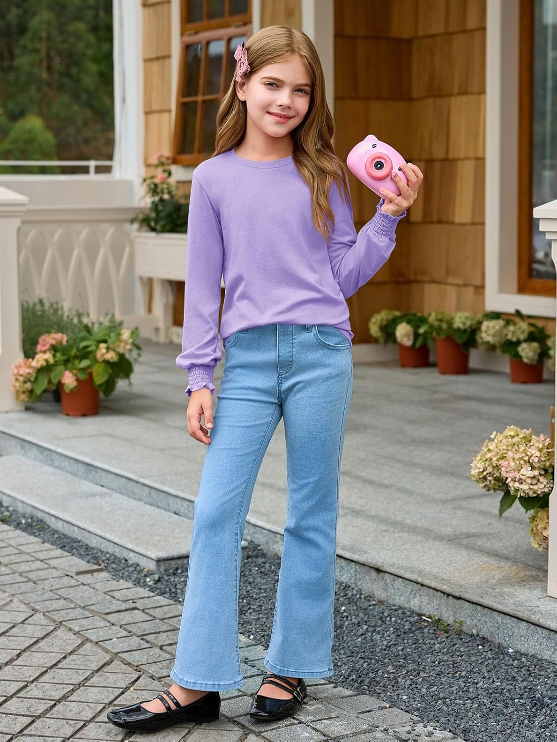 Haloumoning Girls Long Sleeve T Shirts Kids Fall Crewneck Tops Casual Smocked Cuffs Tees 5-14 Years - Image 6