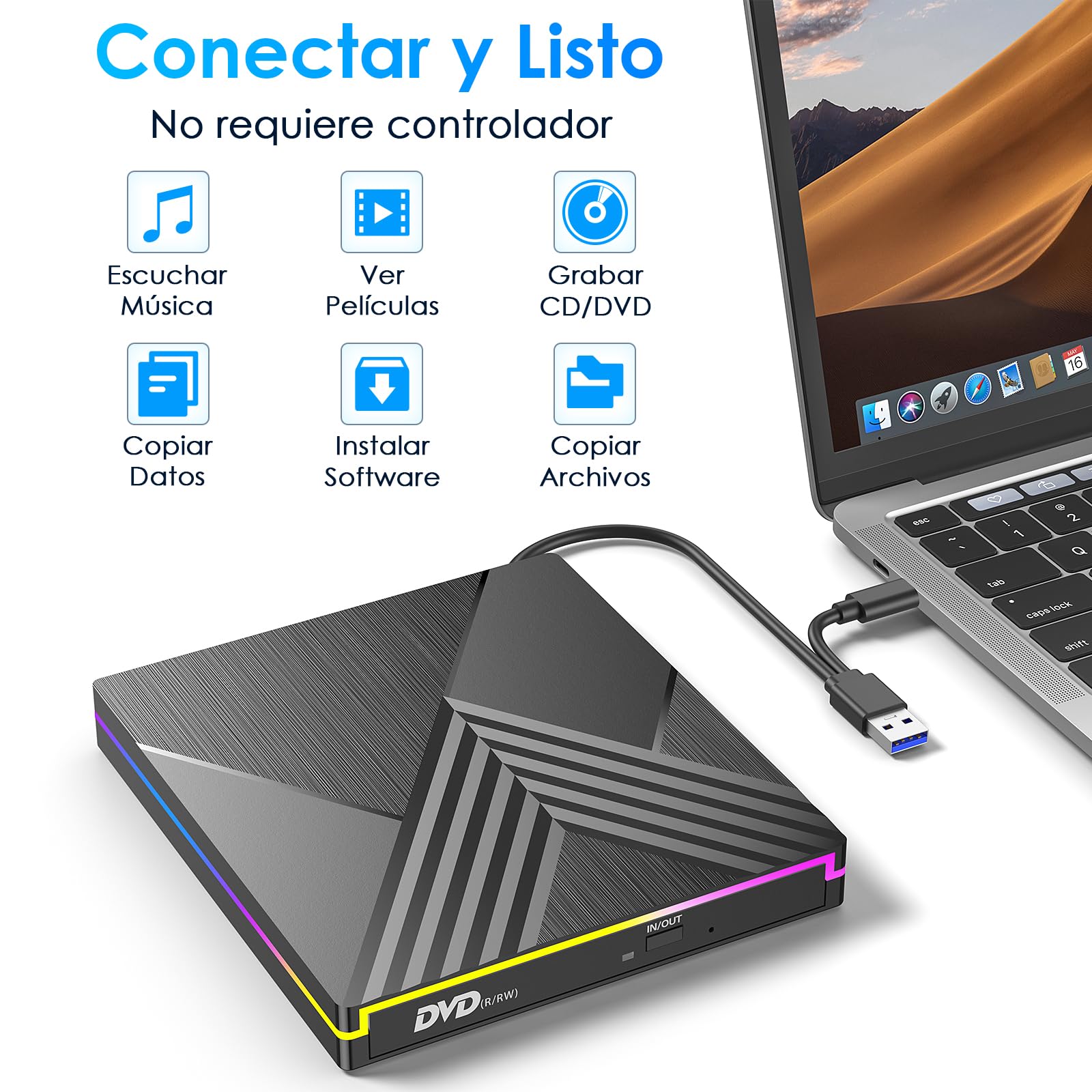Lector CD DVD Externo, USB 3.0 y Type-C Grabadora CD DVD Unidad Externa, RGB Disquetera Externa CD DVD +/-RW Drive para PC Laptop Desktop MacBook Mac OS Win11/10/8/7/XP Linux Vista