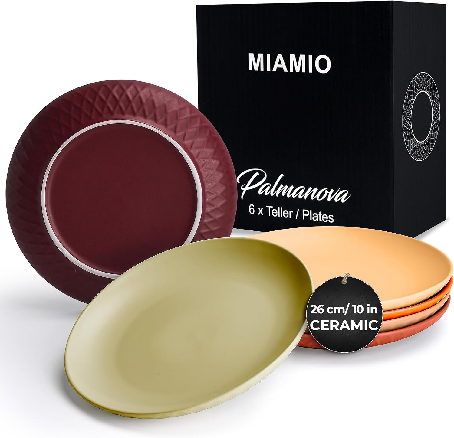 MIAMIO - Zestaw 6 talerzy Nowoczesny zestaw talerzy wykonanych z ceramiki kamionki - Kolekcja Palmanova Czerwony 26 cm