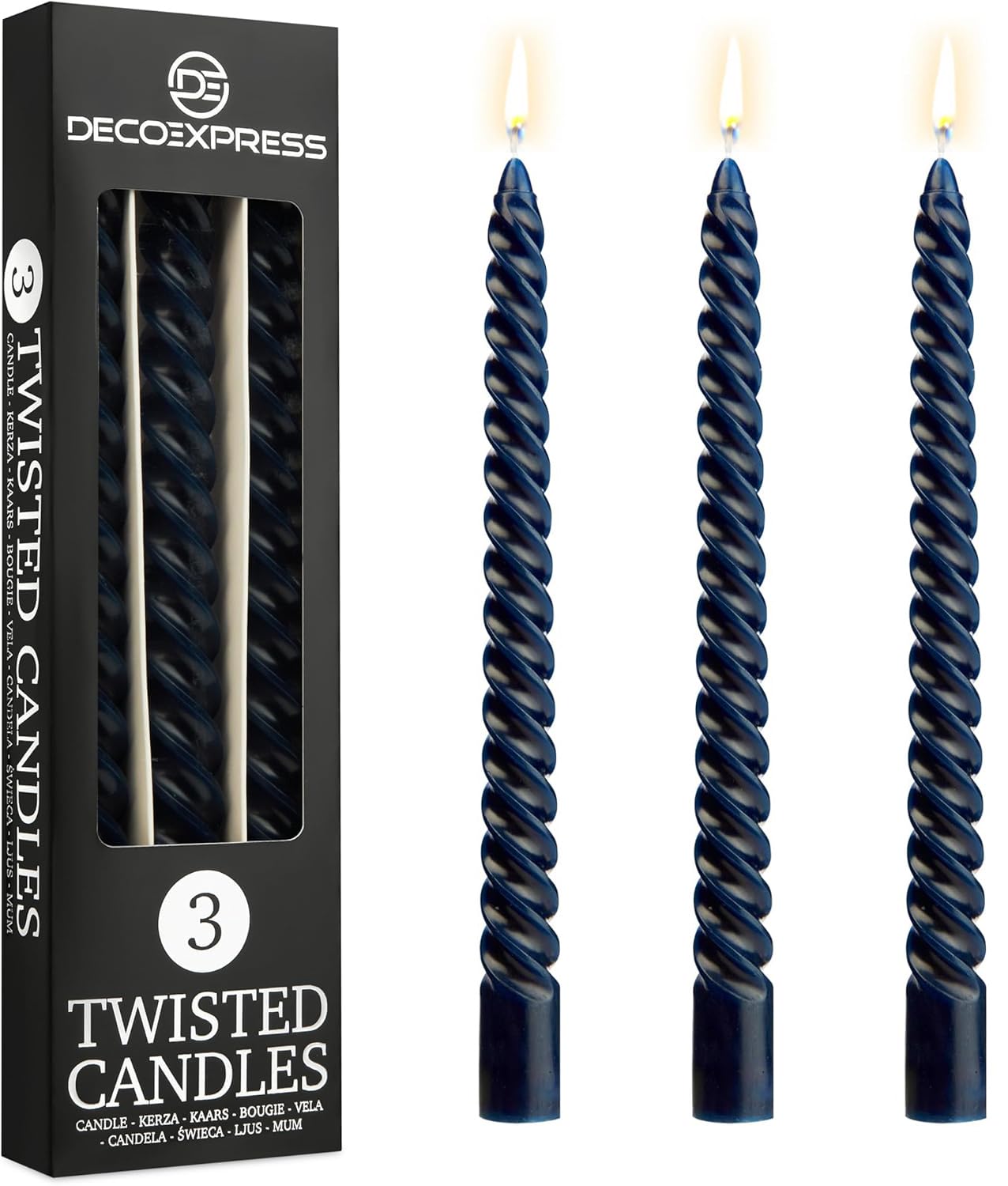 DECO EXPRESS Candles, Pack of 3 Dinner Candles, Non Drip Twisted & Non Scented, Long 6 Hours Burning Time, Cosy Home Decor, Birthday, Valentine’s Day & Mother’s Day Gift Idea (Blue, Pack of 3)