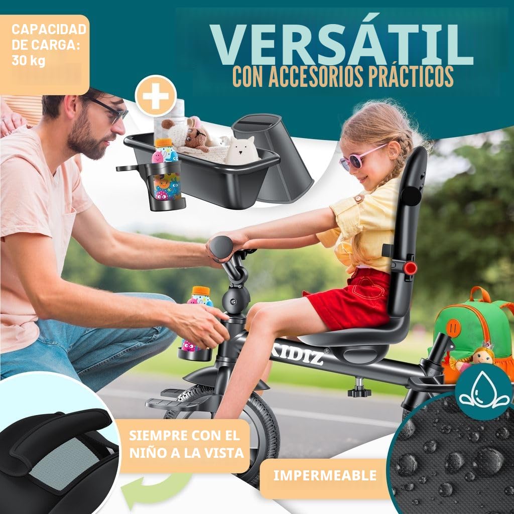 KIDIZ® Triciclo 5 en 1 para niños con barra de empuje sistema de dirección, barra para niños de 1 año, funciona en ambos sentidos: adelante e inverso, bolsa, cesta, soporte de la bebida