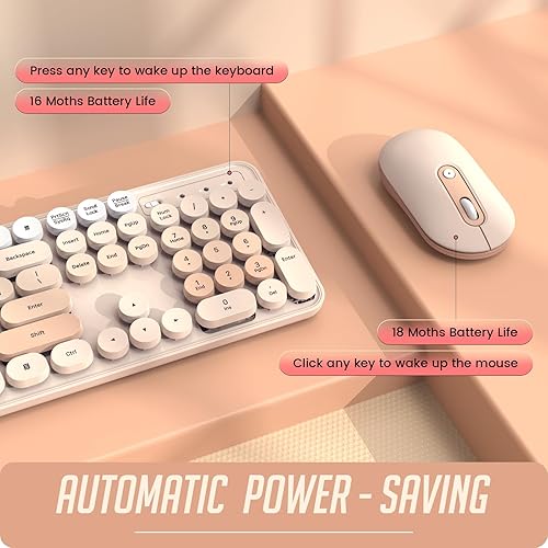 Vista 15 de Teclado y mouse inalámbricos, teclado silencioso y mouse combinados, teclado colorido de tamaño completo con teclas redondas, bonito mouse de 2.4 G