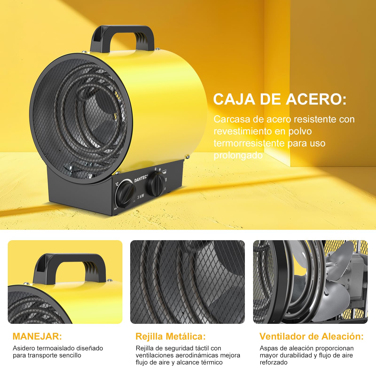 Calefactor Eléctrico 3000 W Termoventilador Portatil, Amarillo | Calefactor de Obra 230 V con Asa, Termostato y Protección Contra Sobrecalentamiento - Apto para Hogares, Tallers
