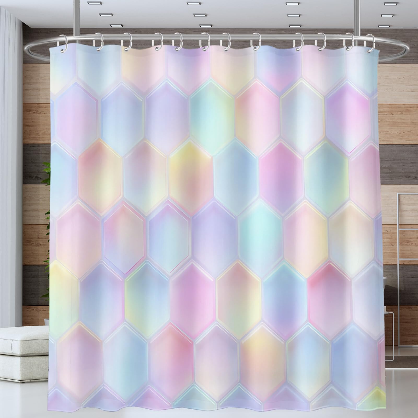 Rideau Douche, Rideau Baignoire Lavable en Machine Rideaux Douche Tissus Lavable Rideau De Baignoire Lavable pour Salle De Bain Domicile Baignoire Famille, Hexagones Colorés,