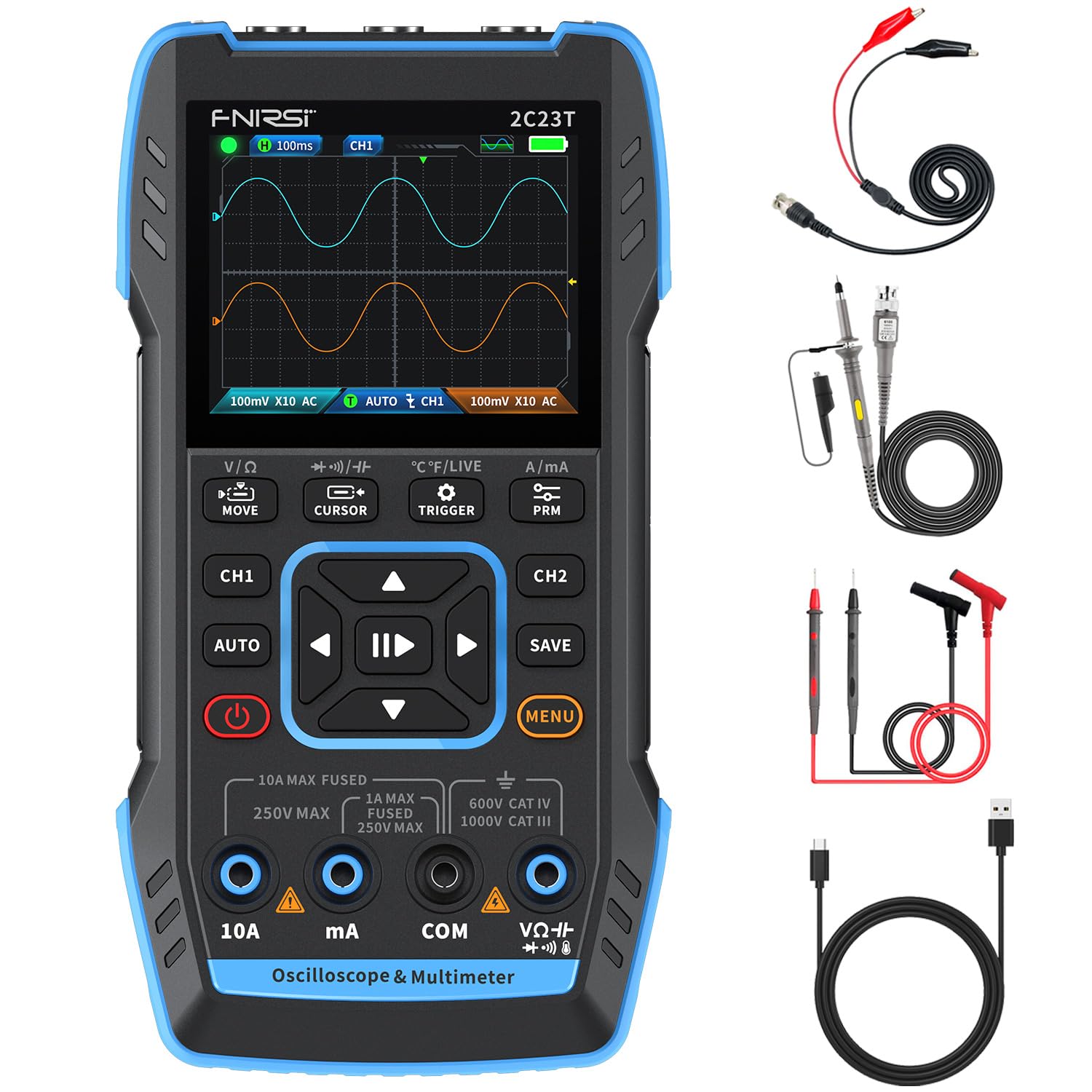 FNIRSI 2C23T 3 in 1 Handheld Oscilloscope Multimeter DDS Generator, 2 Channels, 10MHz Bandwidth, 50MSa/s Sampling Rate, 10000 Counts, Voltage, Current, Capacitor, Resistor, Diode Test FNIRSI 2C23T 3 in 1 Handheld Oscilloscope Multimeter DDS Generator, 2 Channels, 10MHz Bandwidth, 50MSa/s Sampling Rate, 10000 Counts, Voltage, Current, Capacitor, Resistor, Diode Test