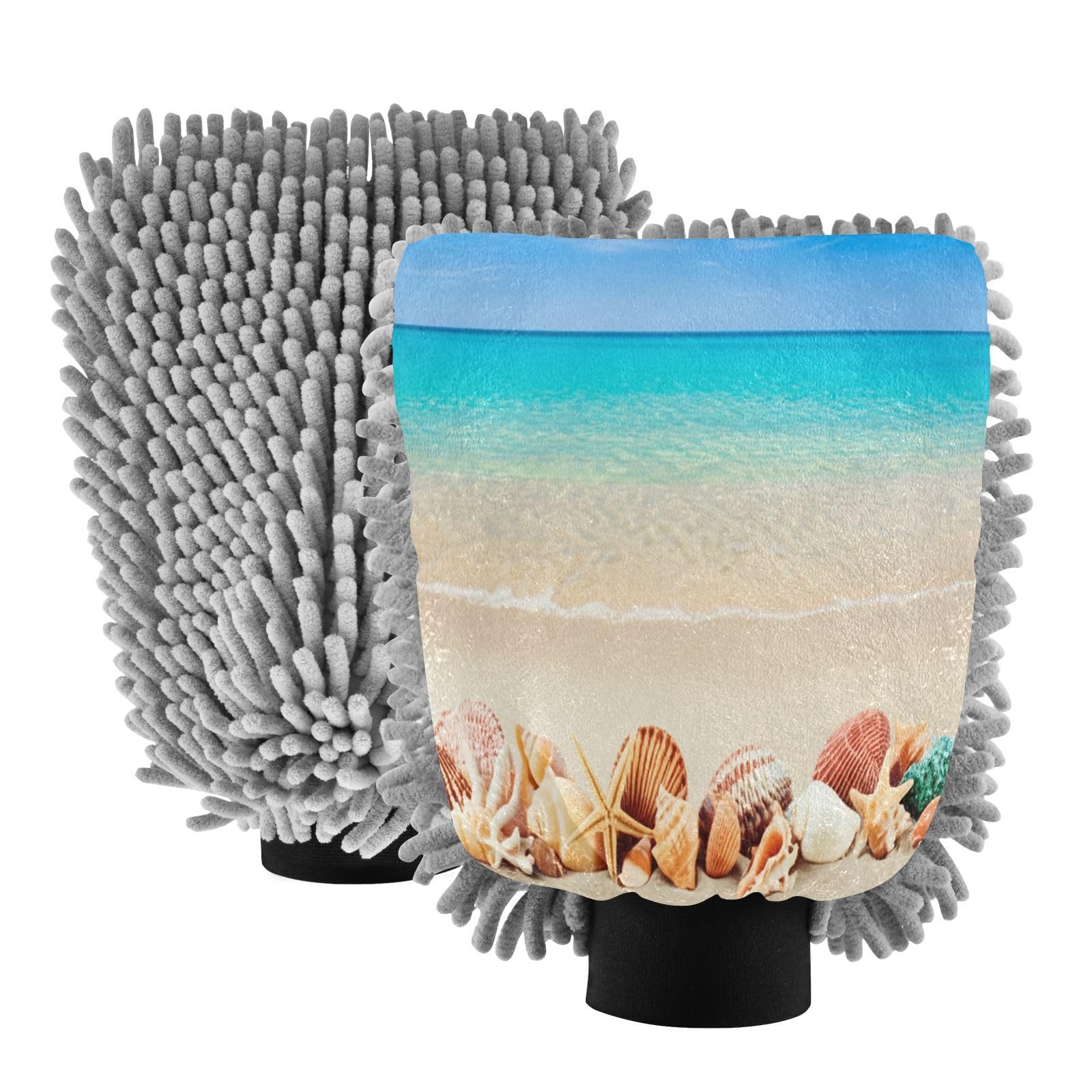 Kigai Blue Ocean and Seashells Car Wash Mitt Microfiber, 2Pcs Scratch Free Lint-Free, Premium Chenille Microfiber Mitt Car Wash Brush-M